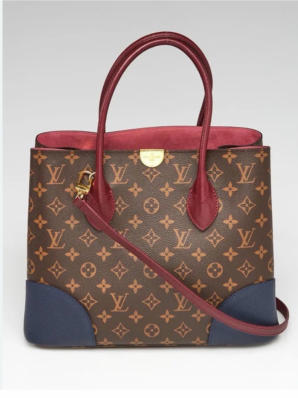 Louis Vuitton Brown Monogram Tote with Burgundy Trim and Navy Corners